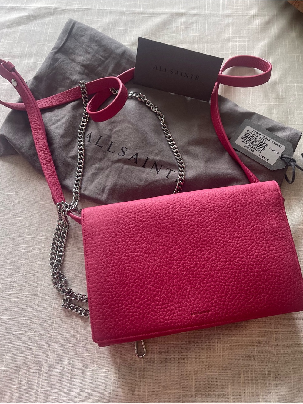 AllSaints Fuchsia Pebble Leather Crossbody with Silver Chain